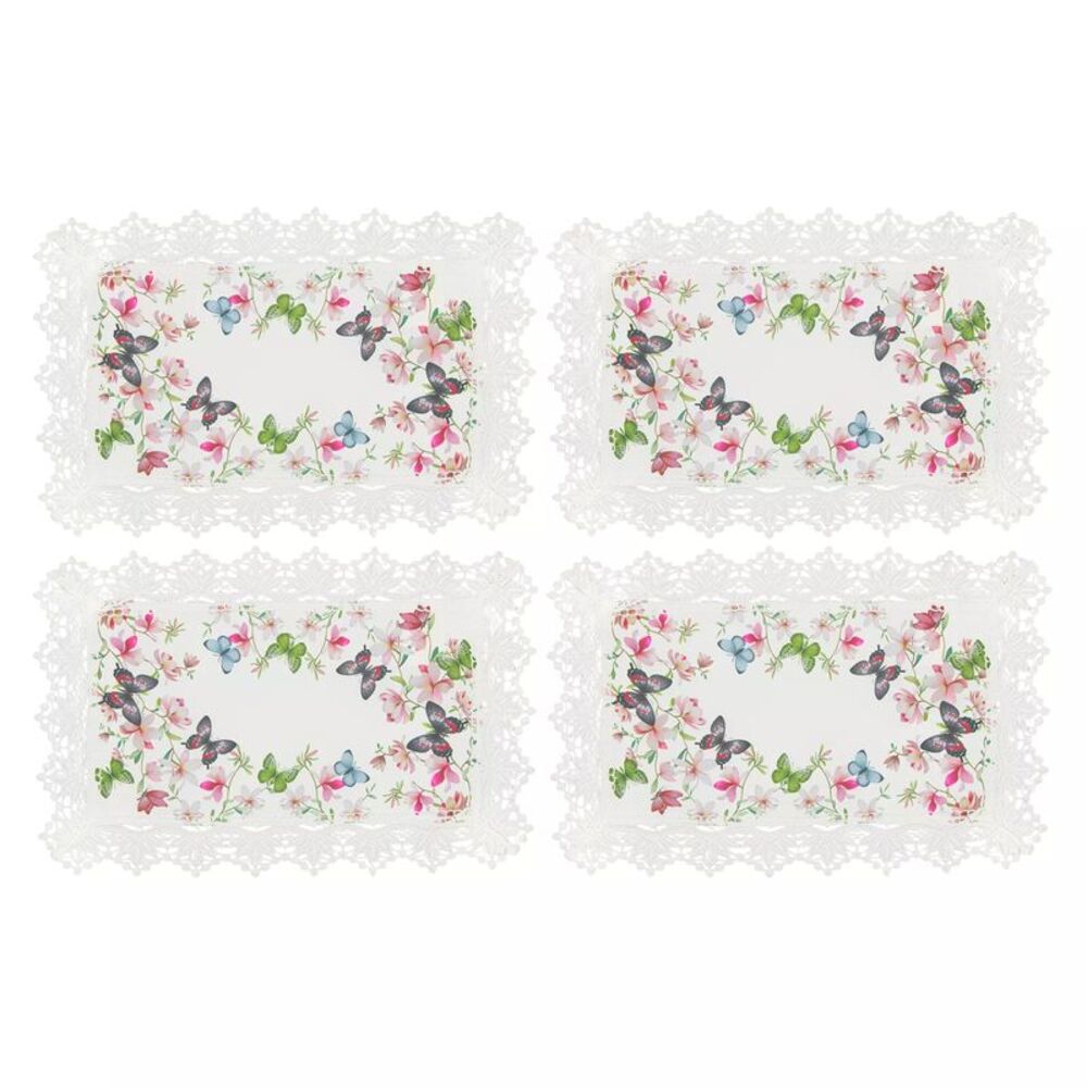 Butterfly Blossoms Lace Trimmed White Fabric Placemats, Set of 4